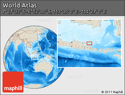 Shaded Relief Location Map of the Area around 7° 10' 2" S, 113° 58' 29" E