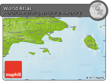 Physical Map of the Area around 7° 10' 2" S, 113° 58' 29" E