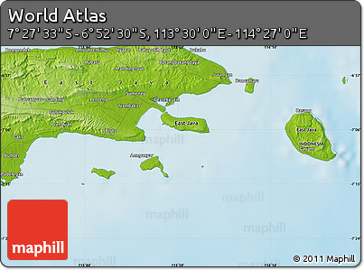 Physical Map of the Area around 7° 10' 2" S, 113° 58' 29" E