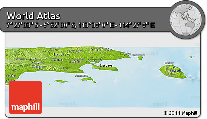 Physical Panoramic Map of the Area around 7° 10' 2" S, 113° 58' 29" E