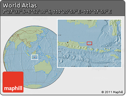 Savanna Style Location Map of the Area around 7° 10' 2" S, 114° 49' 29" E, hill shading