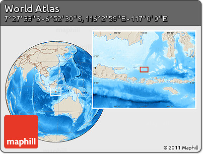 Shaded Relief Location Map of the Area around 7° 10' 2" S, 116° 31' 30" E
