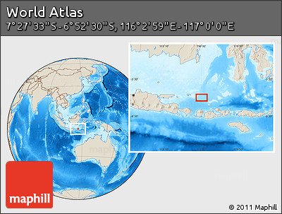 Shaded Relief Location Map of the Area around 7° 10' 2" S, 116° 31' 30" E