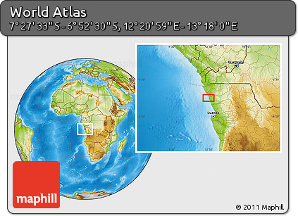 Physical Location Map of the Area around 7° 10' 2" S, 12° 49' 29" E
