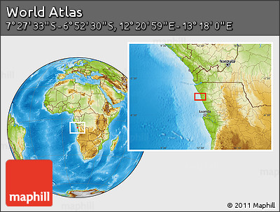 Physical Location Map of the Area around 7° 10' 2" S, 12° 49' 29" E