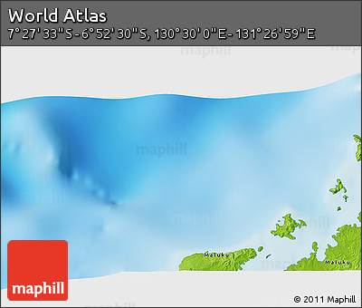 Physical 3D Map of the Area around 7° 10' 2" S, 130° 58' 29" E
