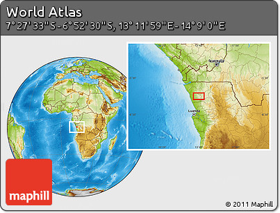 Physical Location Map of the Area around 7° 10' 2" S, 13° 40' 30" E