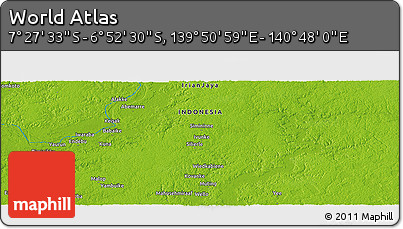 Physical Panoramic Map of the Area around 7° 10' 2" S, 140° 19' 29" E