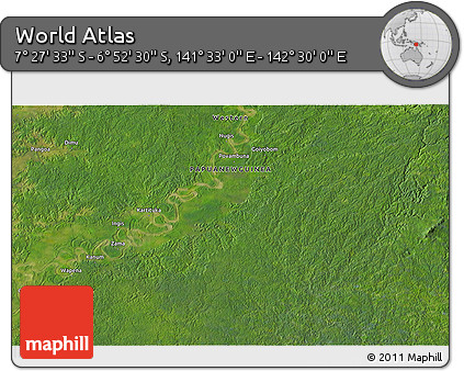 Satellite 3D Map of the Area around 7° 10' 2" S, 142° 1' 30" E