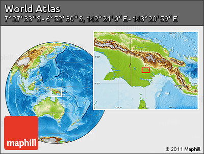 Physical Location Map of the Area around 7° 10' 2" S, 142° 52' 30" E