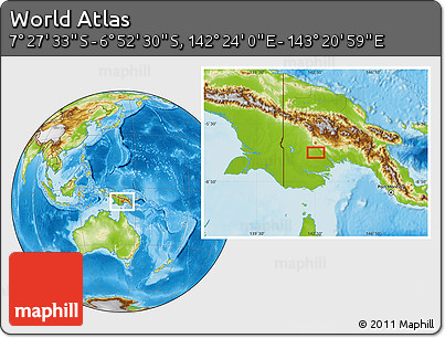 Physical Location Map of the Area around 7° 10' 2" S, 142° 52' 30" E