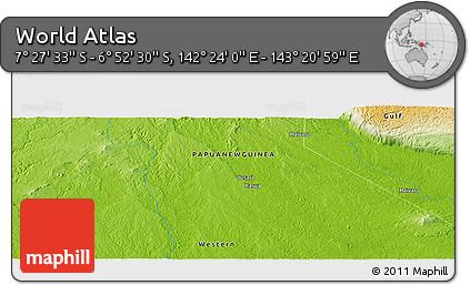 Physical Panoramic Map of the Area around 7° 10' 2" S, 142° 52' 30" E