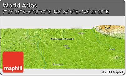Physical Panoramic Map of the Area around 7° 10' 2" S, 142° 52' 30" E