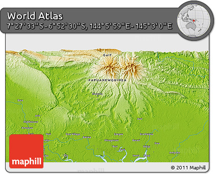 Physical 3D Map of the Area around 7° 10' 2" S, 144° 34' 29" E