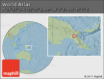 Savanna Style Location Map of the Area around 7° 10' 2" S, 146° 16' 30" E, hill shading