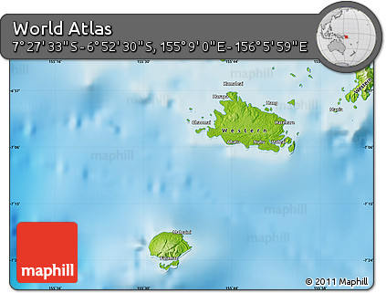 Physical Map of the Area around 7° 10' 2" S, 155° 37' 30" E