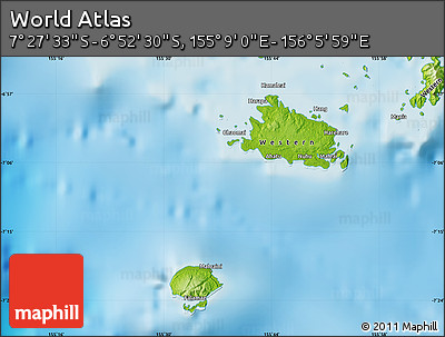 Physical Map of the Area around 7° 10' 2" S, 155° 37' 30" E