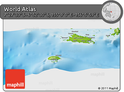 Physical Panoramic Map of the Area around 7° 10' 2" S, 155° 37' 30" E