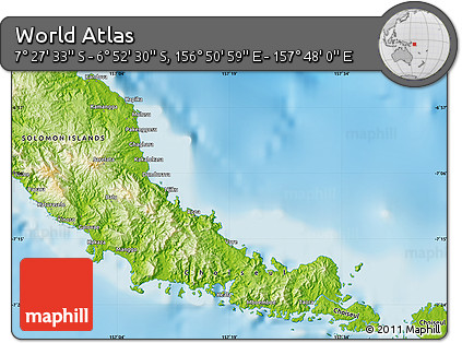 Physical Map of the Area around 7° 10' 2" S, 157° 19' 29" E