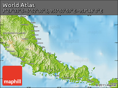 Physical Map of the Area around 7° 10' 2" S, 157° 19' 29" E