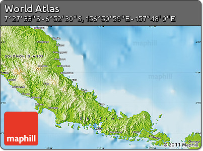 Physical Map of the Area around 7° 10' 2" S, 157° 19' 29" E