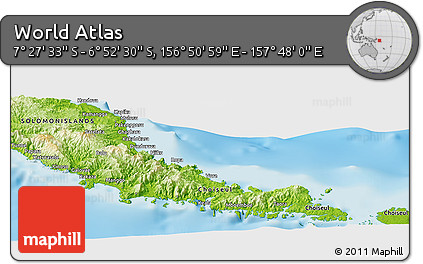 Physical Panoramic Map of the Area around 7° 10' 2" S, 157° 19' 29" E