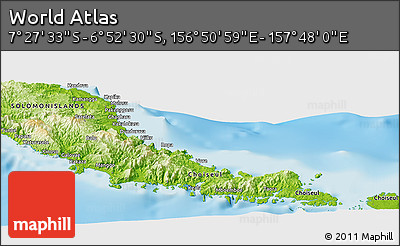 Physical Panoramic Map of the Area around 7° 10' 2" S, 157° 19' 29" E