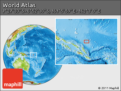 Physical Location Map of the Area around 7° 10' 2" S, 161° 34' 29" E
