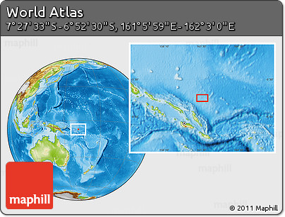 Physical Location Map of the Area around 7° 10' 2" S, 161° 34' 29" E