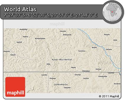 Shaded Relief 3D Map of the Area around 7° 10' 2" S, 21° 19' 30" E