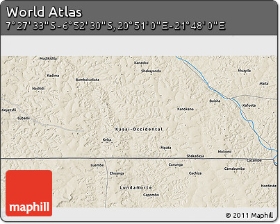 Shaded Relief 3D Map of the Area around 7° 10' 2" S, 21° 19' 30" E