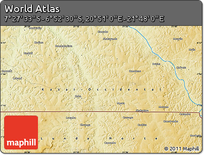 Physical Map of the Area around 7° 10' 2" S, 21° 19' 30" E