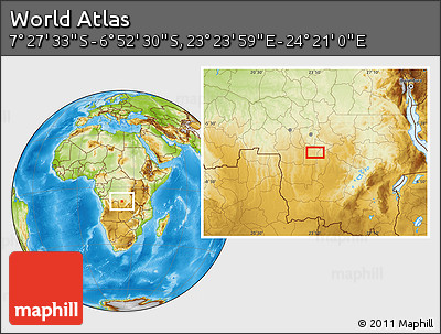 Physical Location Map of the Area around 7° 10' 2" S, 23° 52' 30" E