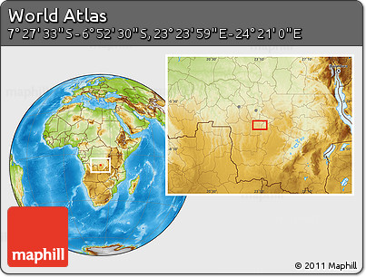 Physical Location Map of the Area around 7° 10' 2" S, 23° 52' 30" E