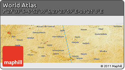 Physical Panoramic Map of the Area around 7° 10' 2" S, 23° 52' 30" E