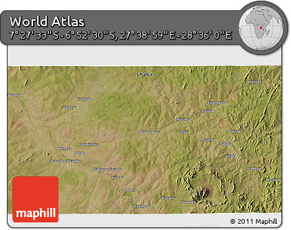 Satellite 3D Map of the Area around 7° 10' 2" S, 28° 7' 30" E
