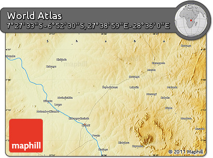 Physical Map of the Area around 7° 10' 2" S, 28° 7' 30" E