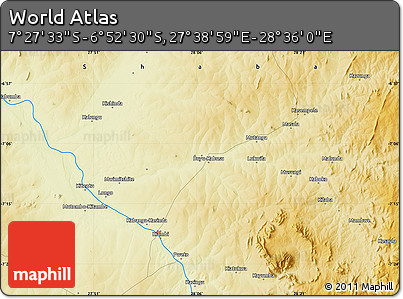 Physical Map of the Area around 7° 10' 2" S, 28° 7' 30" E