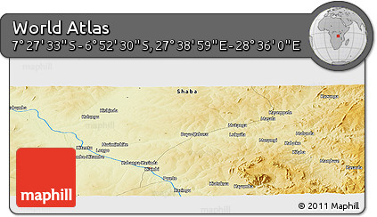 Physical Panoramic Map of the Area around 7° 10' 2" S, 28° 7' 30" E