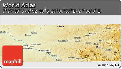 Physical Panoramic Map of the Area around 7° 10' 2" S, 28° 7' 30" E