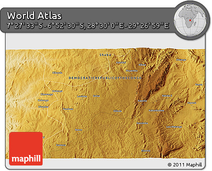 Physical 3D Map of the Area around 7° 10' 2" S, 28° 58' 30" E