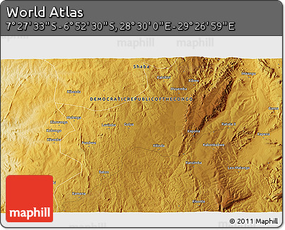 Physical 3D Map of the Area around 7° 10' 2" S, 28° 58' 30" E