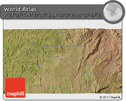 Satellite 3D Map of the Area around 7° 10' 2" S, 28° 58' 30" E