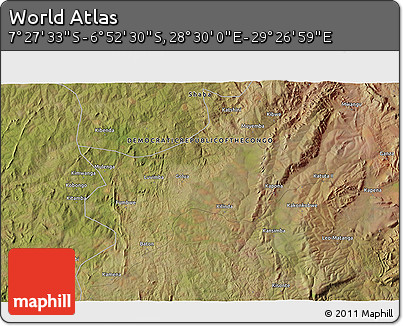 Satellite 3D Map of the Area around 7° 10' 2" S, 28° 58' 30" E
