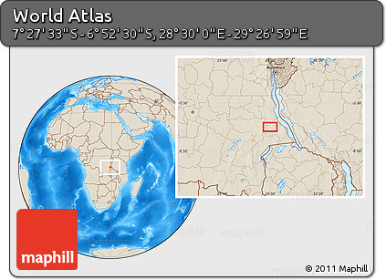 Shaded Relief Location Map of the Area around 7° 10' 2" S, 28° 58' 30" E