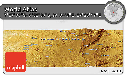 Physical Panoramic Map of the Area around 7° 10' 2" S, 28° 58' 30" E