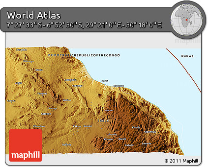 Physical 3D Map of the Area around 7° 10' 2" S, 29° 49' 30" E
