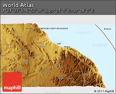 Physical 3D Map of the Area around 7° 10' 2" S, 29° 49' 30" E