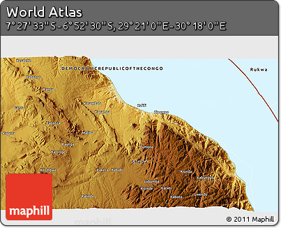 Physical 3D Map of the Area around 7° 10' 2" S, 29° 49' 30" E