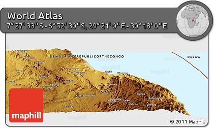 Physical Panoramic Map of the Area around 7° 10' 2" S, 29° 49' 30" E